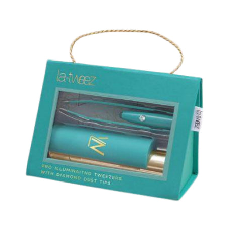 La - Tweez - Pro Illuminating -  Sky Blue Tweezers & Mirrored Carry Case Diamond Dust tip